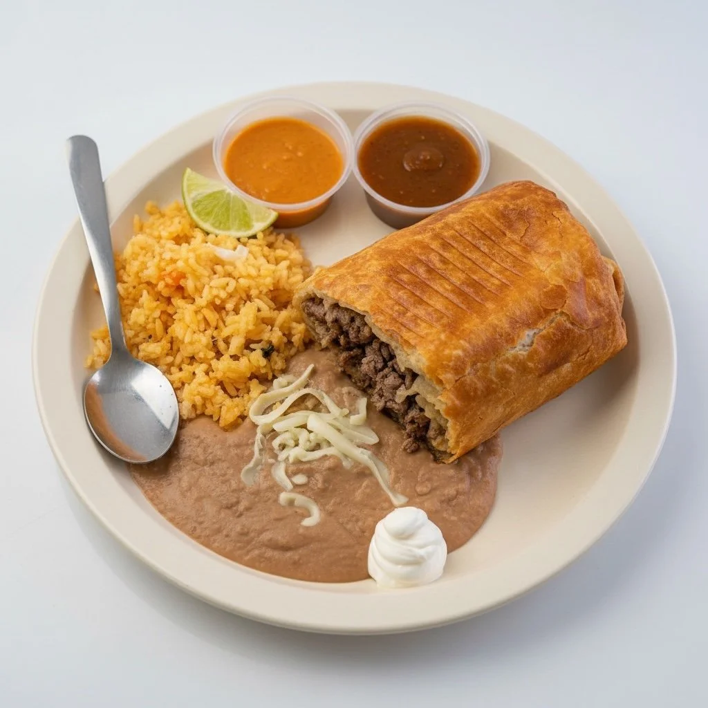 Plate of Mexican food with ground beef filled burrito, Mexican rice, refried beans with cheese, two cups of salsa, lime wedge, and sour cream.