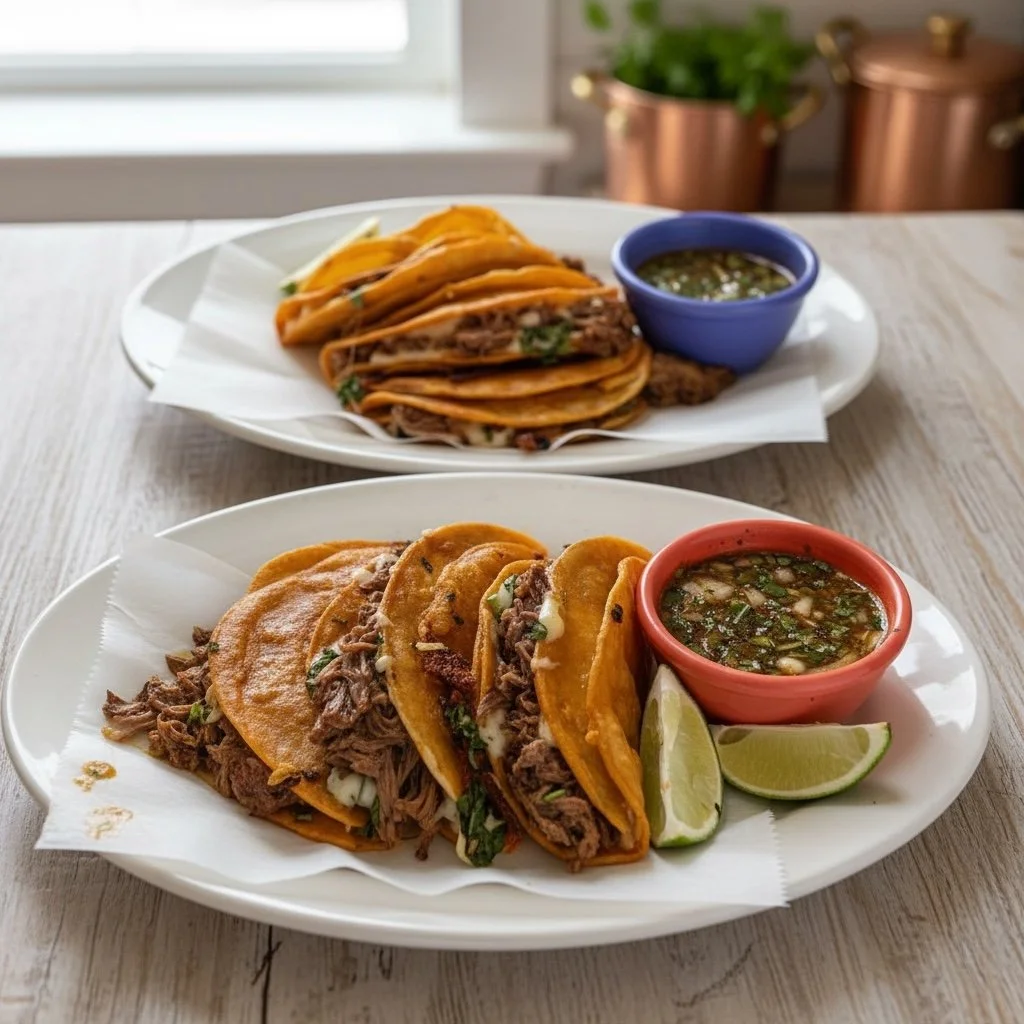 Two plates of tacos, one with shredded beef and the other with steak, served with lime wedges and salsa on a wooden table.