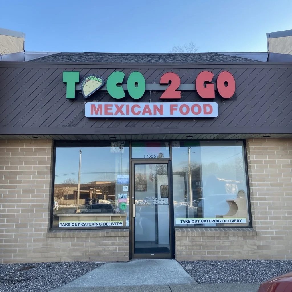 The exterior of the Mexican restaurant named 'Taco 2 Go' with signs indicating takeout, catering, and delivery services