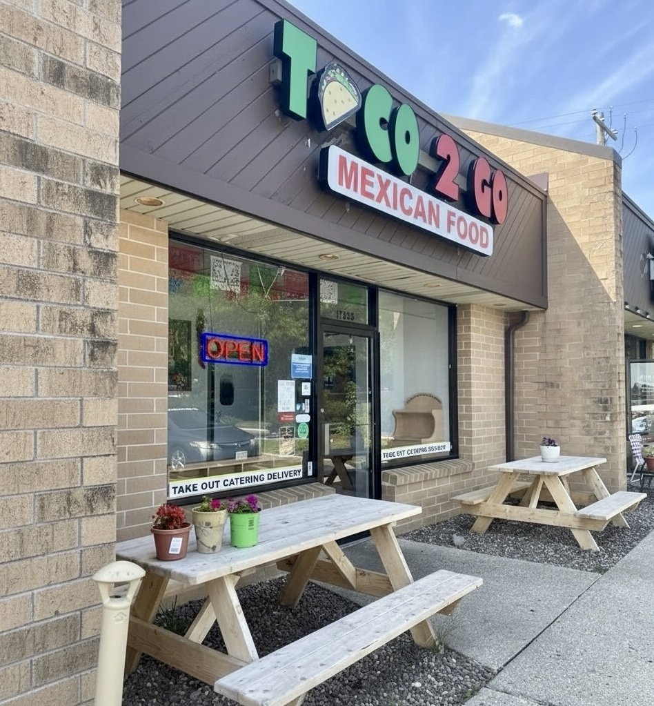 The exterior of the Mexican restaurant, Taco 2 Go