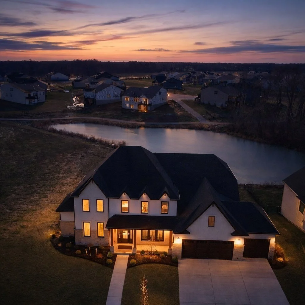 A modern two-story house illuminated at dusk, with a pond and a neighborhood of houses in the background.