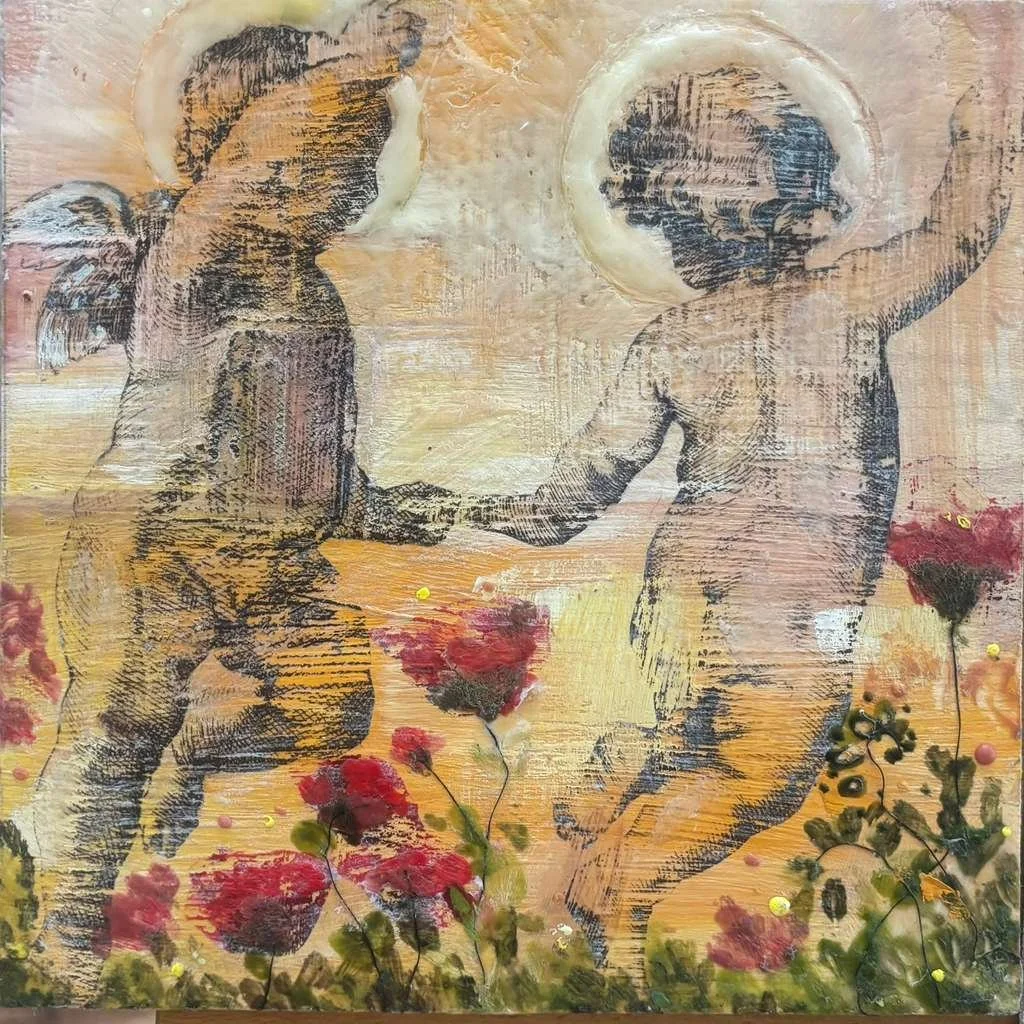 "Ring Around the Rosy", Encaustic, 7x7 in, 2025