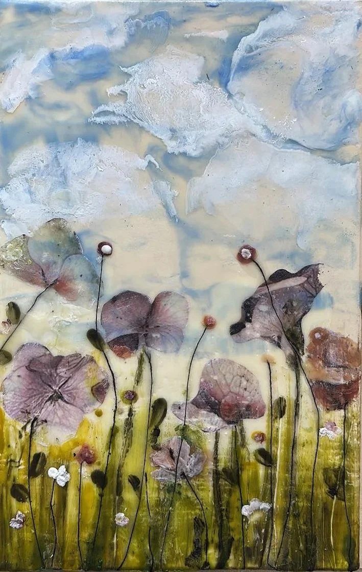 "Among The Flowers", Multimedia Encaustics, 16x12 in, 2025