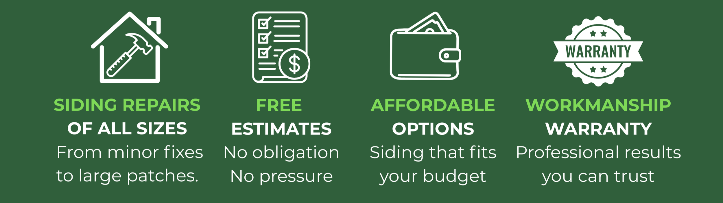 Oakstone Exteriors siding repair services infographic highlighting our free estimates, affordable options, and signature workmanship warranty