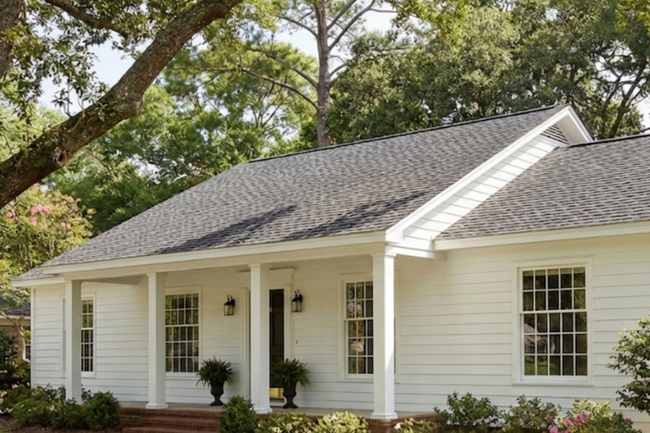 A white house with a gray shingled roof, front porch, and large windows, surrounded by trees and landscaped garden.