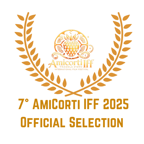 Golden laurel wreath encircles a logo with a strawberry and octopus, with text reading '7th Amicorti IFF 2025 Official Selection' on a black background.