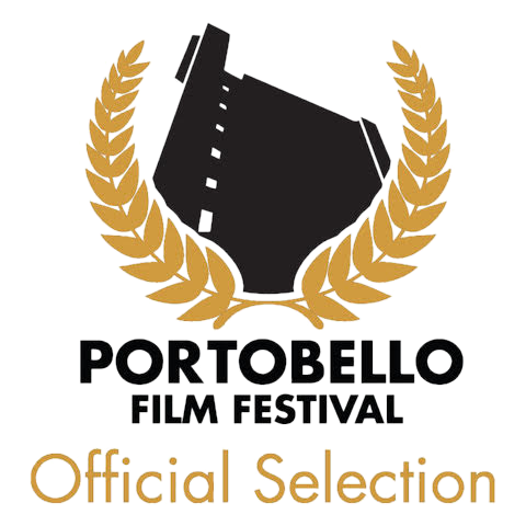 Logo of the Portobello Film Festival with a black film reel shape and gold laurel wreaths, and text indicating official selection.