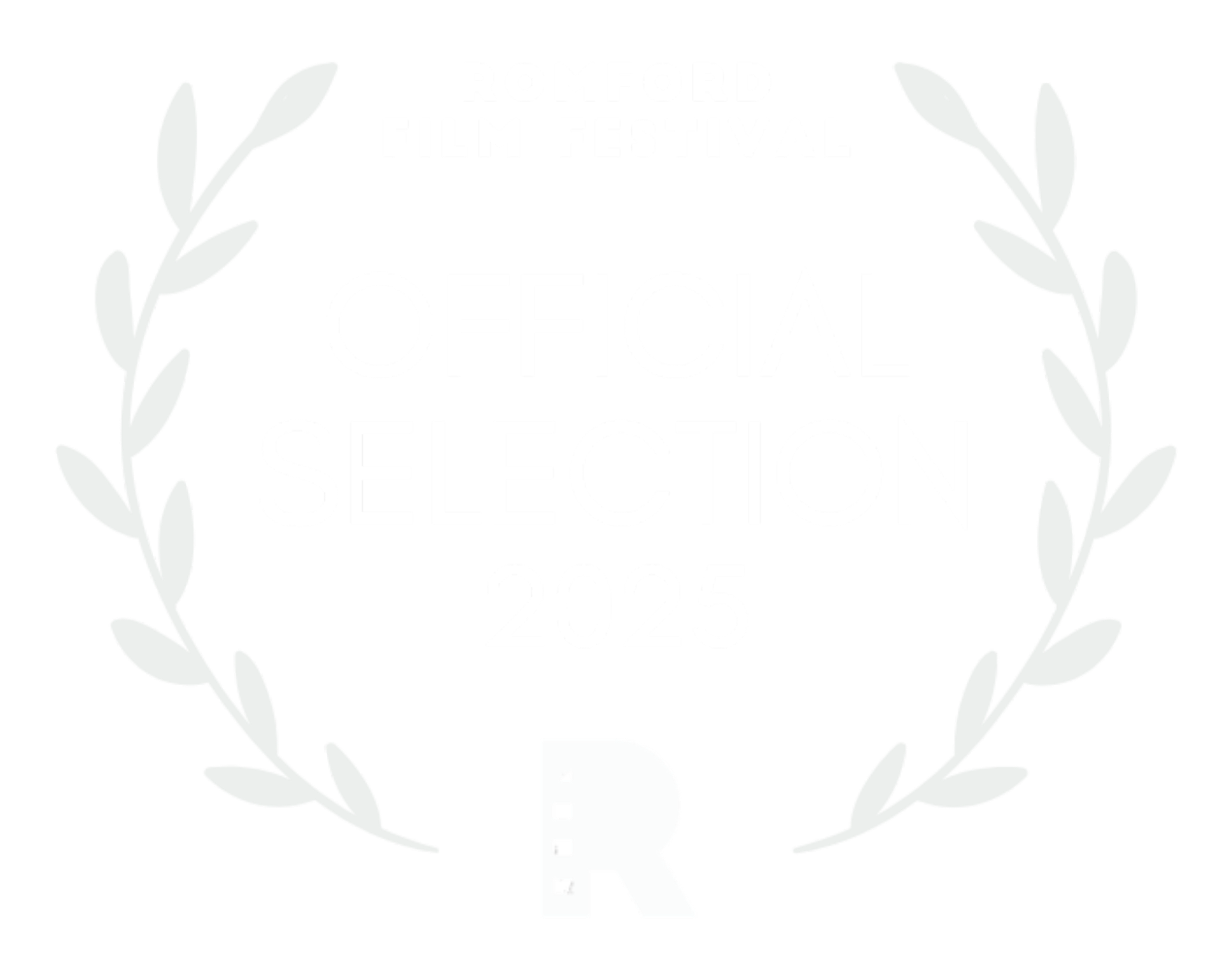 Logo of the Romford Film Festival 2025, featuring a laurel wreath surrounding the text, with a large letter R at the bottom center.