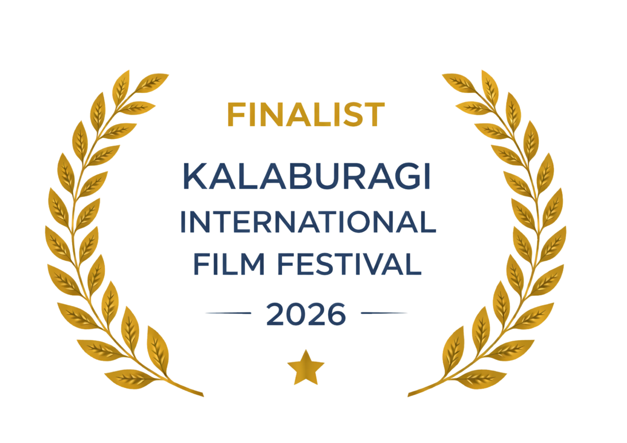 Award badge for Finalist at Kalaburgi International Film Festival 2026, with gold laurel wreath decoration and a small gold star at the bottom