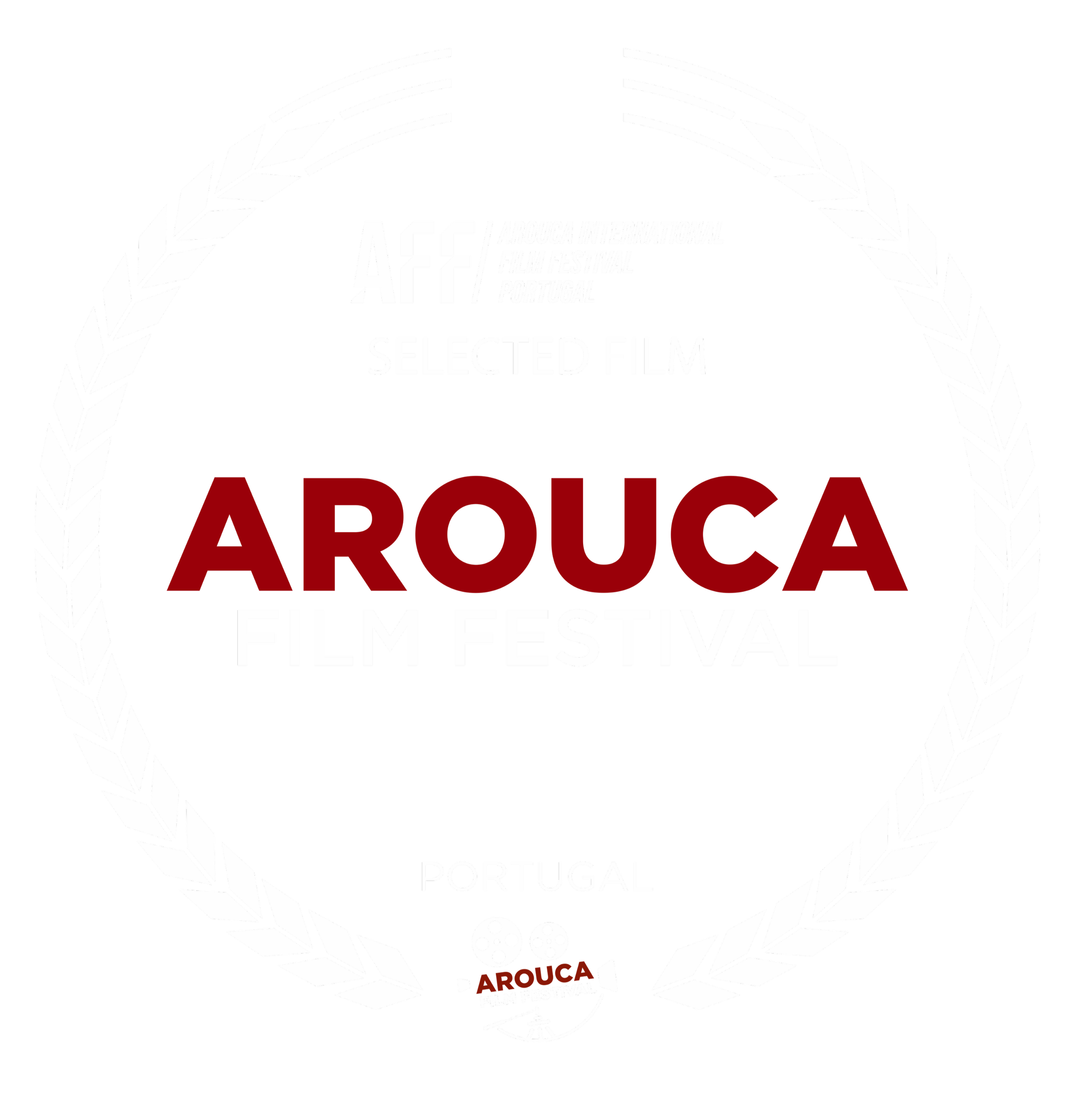 Award symbol from the Arouca International Film Festival featuring white laurel branches surrounding the text 'Selected Film Arouca Film Festival Portugal' with red and white text 'Arouca' and smaller text below reading 'Film Festival' and 'Portugal', along with a small film reel icon.
