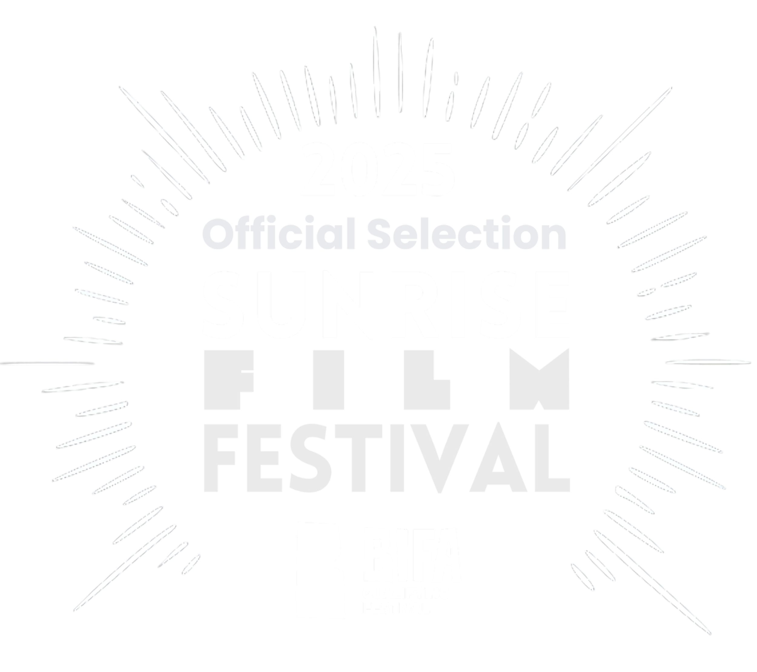 Black and white logo with radiating lines, featuring text for the 2025 Sunrise Film Festival, official selection, and BIFA qualifying festival.