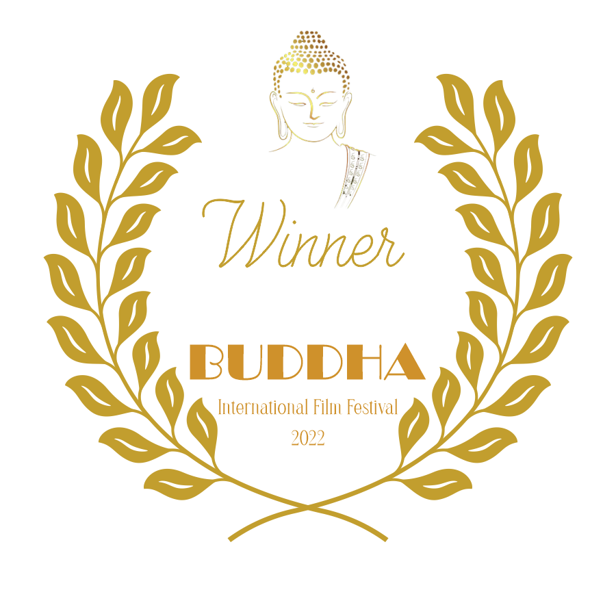 Award emblem with a gold laurel wreath, Buddha illustration at the top, and text indicating a 2022 win at the Buddha International Film Festival.
