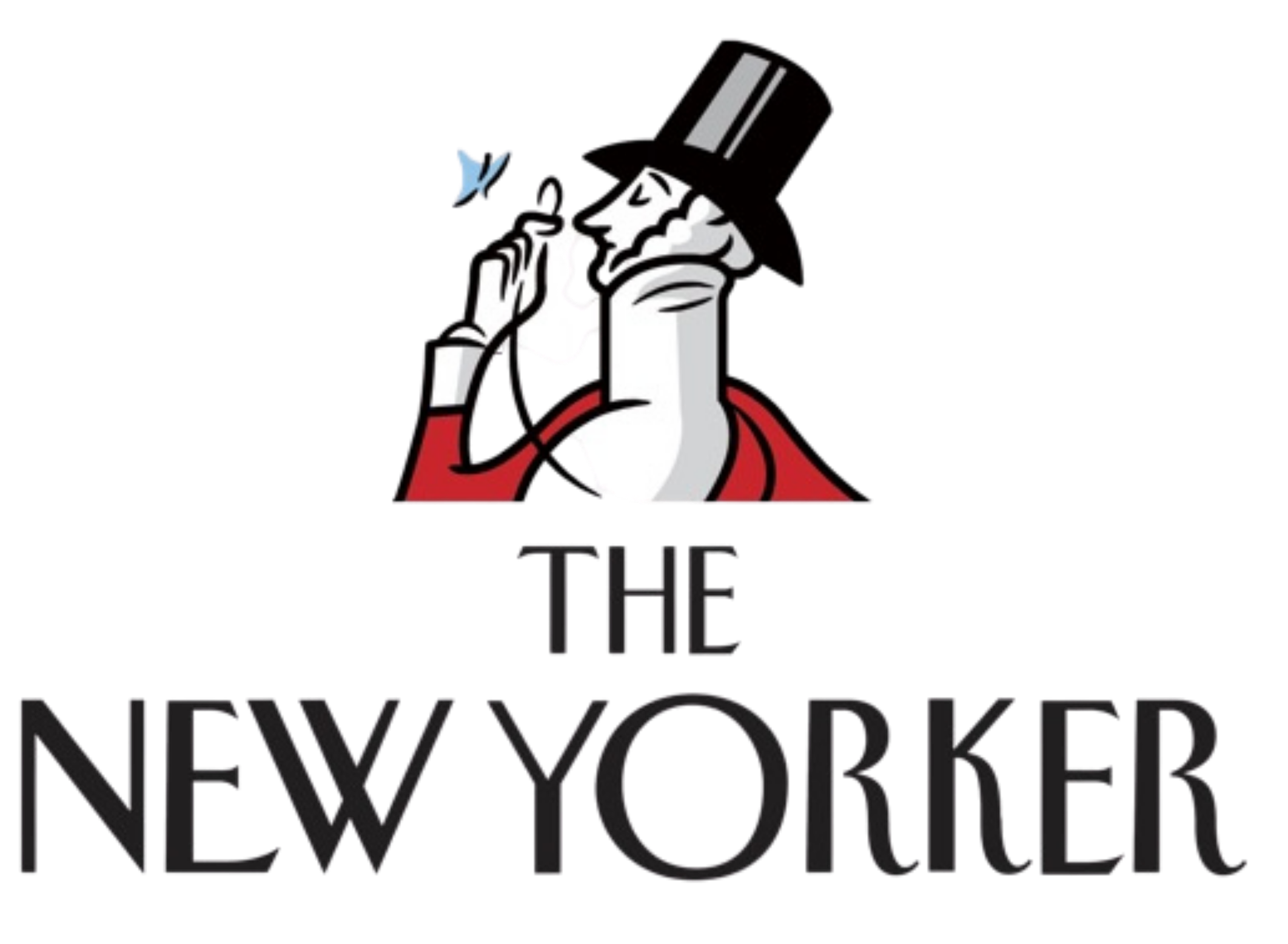 Logo featuring a woman with a blue hair bow, wearing red and a black hat, resting her head on her hand with her eyes closed. The text below reads 'The New Yorker' in black letters.