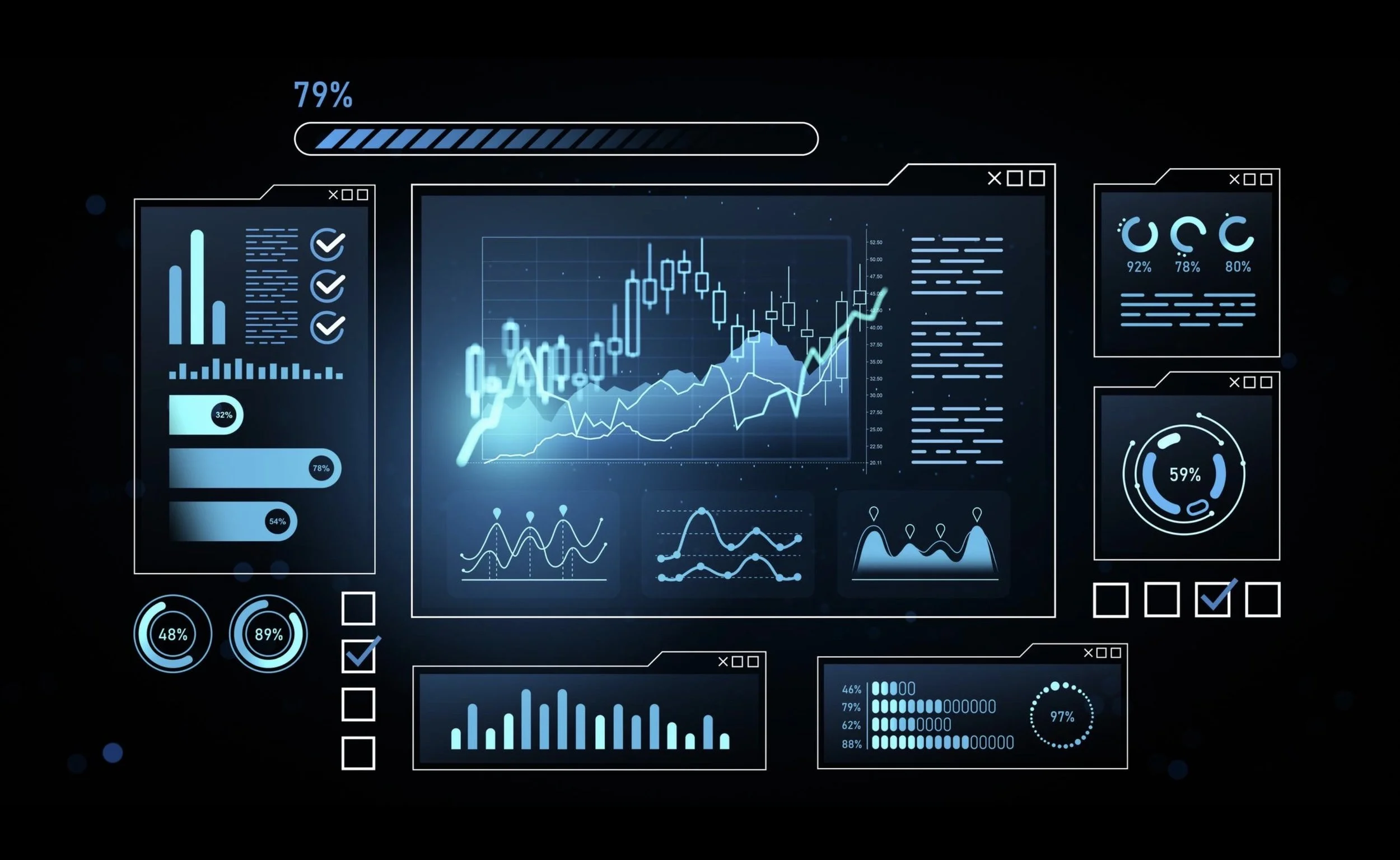 A digital interface displaying various graphs, charts, and data visualizations, including line graphs, bar charts, pie charts, and percentage indicators, all in shades of blue on a black background.
