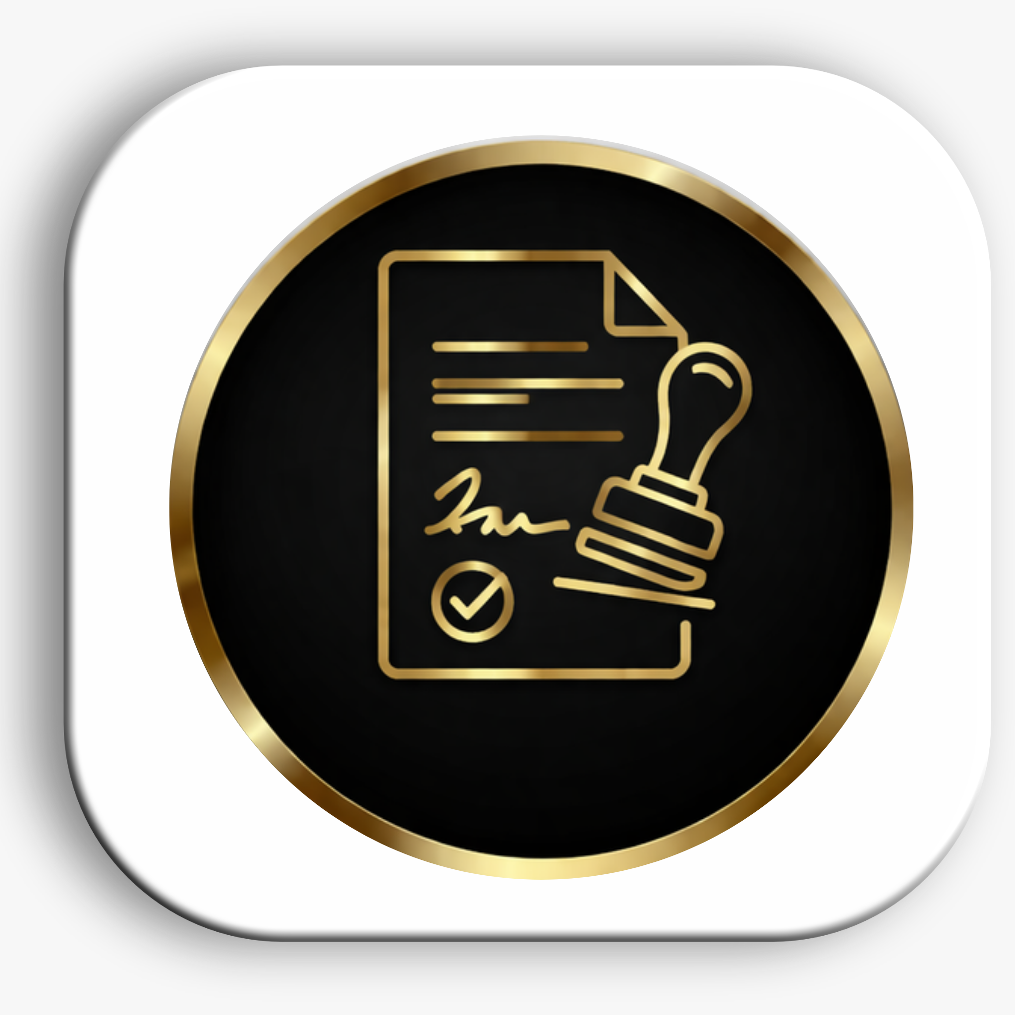 Icon of a signed document with a stamp, a signature, and a checkmark, all in gold on a black circular background.