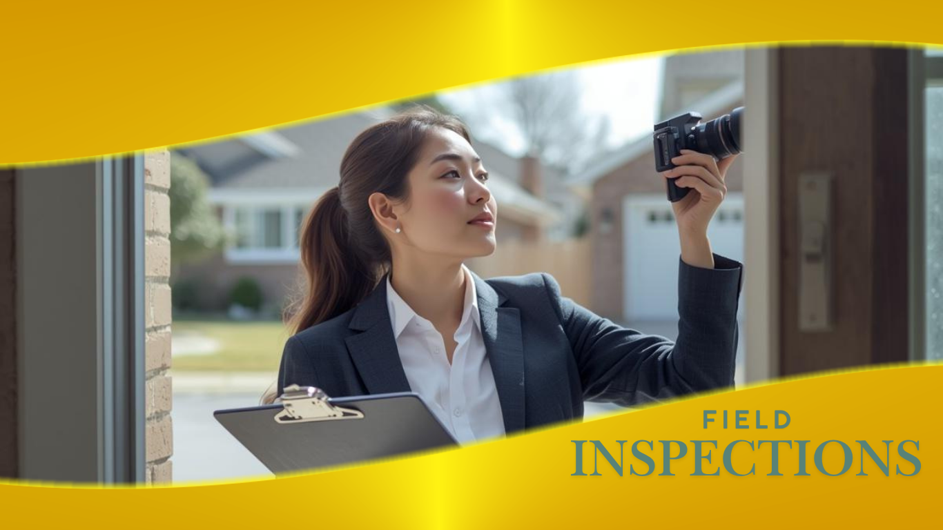 Woman wearing a suit conducting a field inspection with a camera outside a house, holding a clipboard, with text overlay 'Field Inspections' on yellow curved banner.