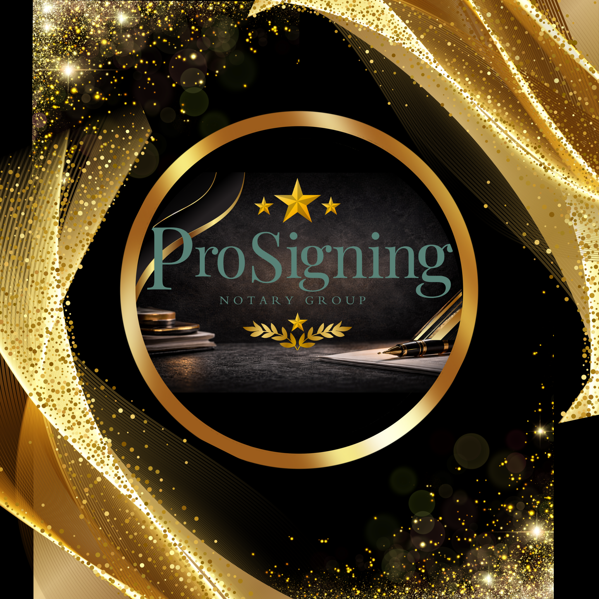 An ornate graphic design for ProSigning Notary Group featuring a black background with gold glitter and sparkle accents, a gold-bordered black circle around the company name, and images of a pile of coins, a pen, and paper inside the circle.
