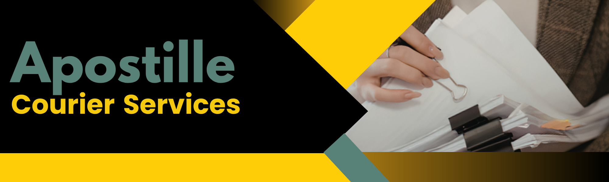 A graphic design advertisement for Apostille Courier Services, featuring a hand holding a binder clip with paperwork and pens, with bold text on a black background.