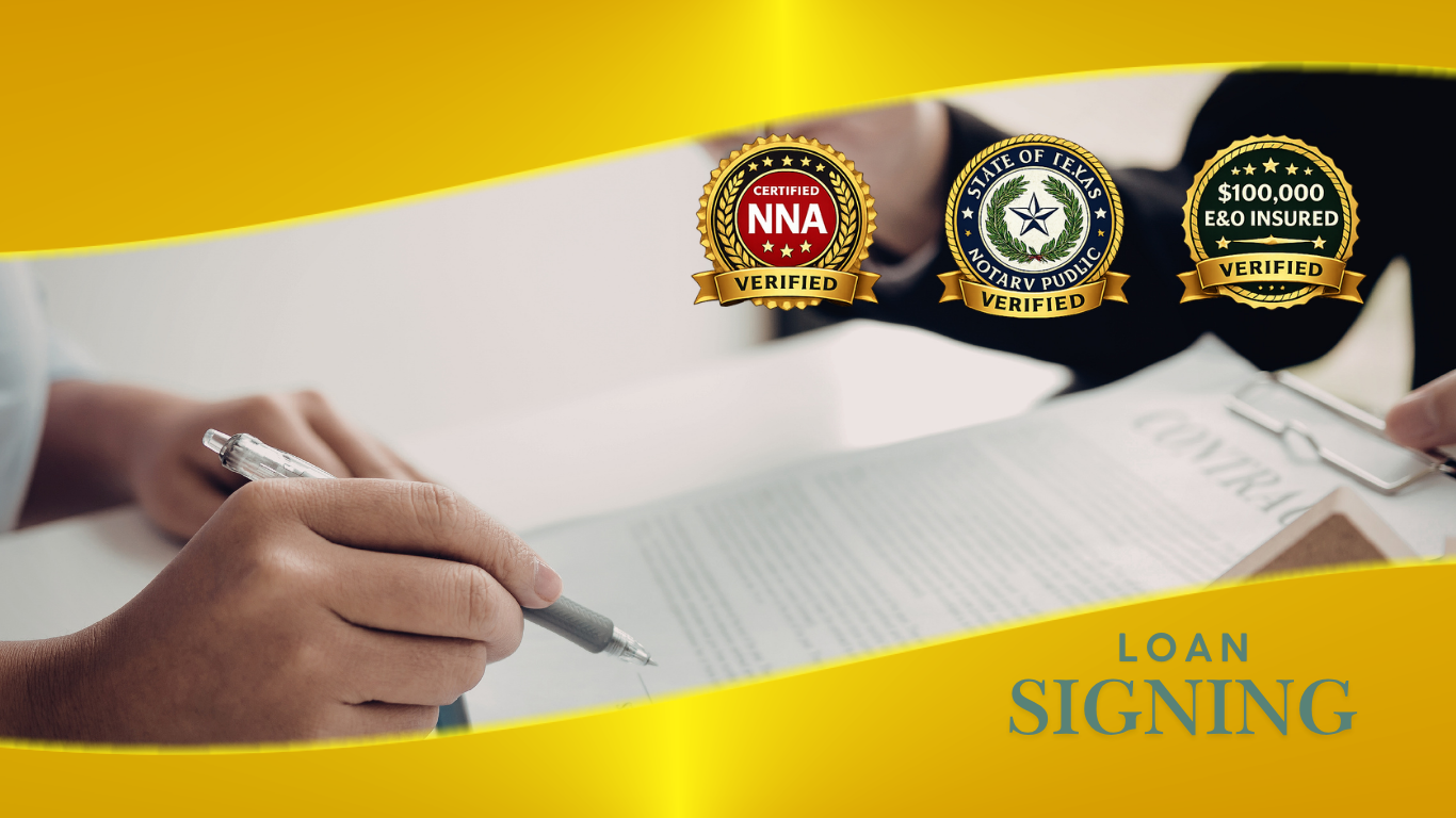 A person signing a loan agreement at a desk with seals and badges indicating verification and insurance in the upper part of the image. The text 'Loan Signing' is in the bottom right corner.