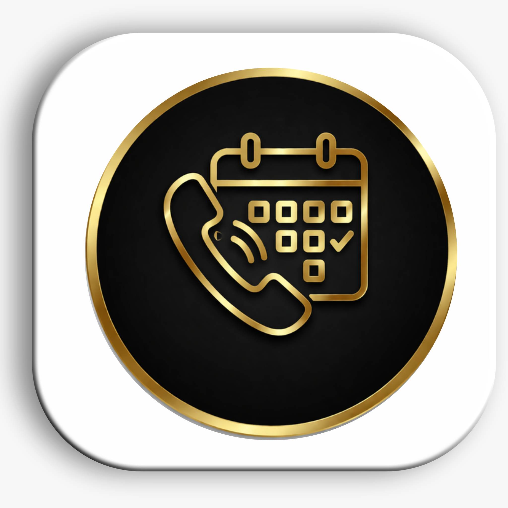 An icon with a gold outline of a telephone and a calendar on a black circular background, enclosed within a rounded square frame.