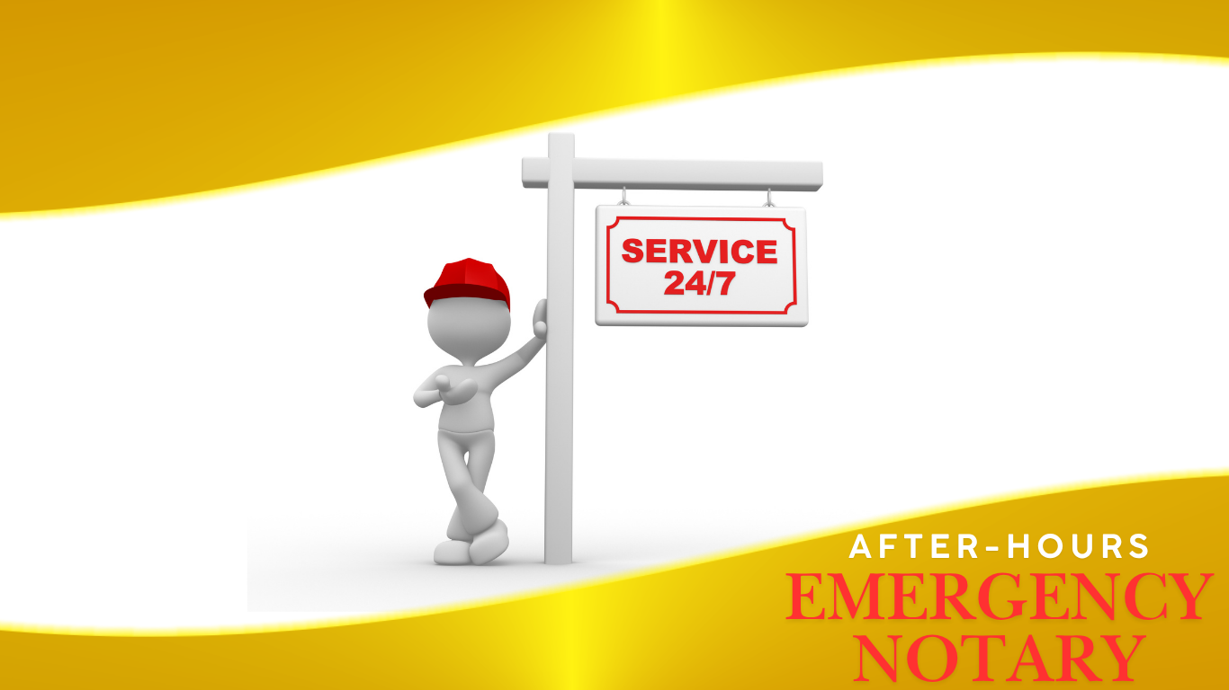 A 3D humanoid figure wearing a red cap leaning against a post with a sign reading 'SERVICE 24/7'. The background has a yellow-to-white gradient. The bottom right corner features a yellow section with the words 'AFTER-HOURS EMERGENCY NOTARY' in red text.