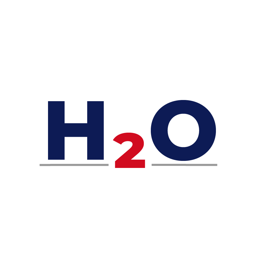 The chemical formula for water, H2O, with 'H' and 'O' in large navy blue letters, and '2' in red between them, on a black background.