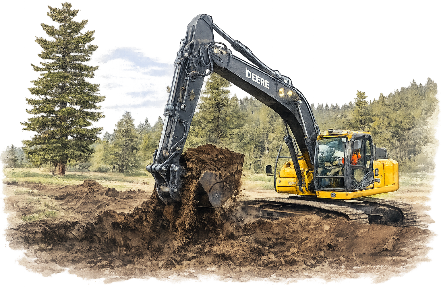 A yellow Deere excavator digging into the dirt on an outdoor construction site, with trees in the background.