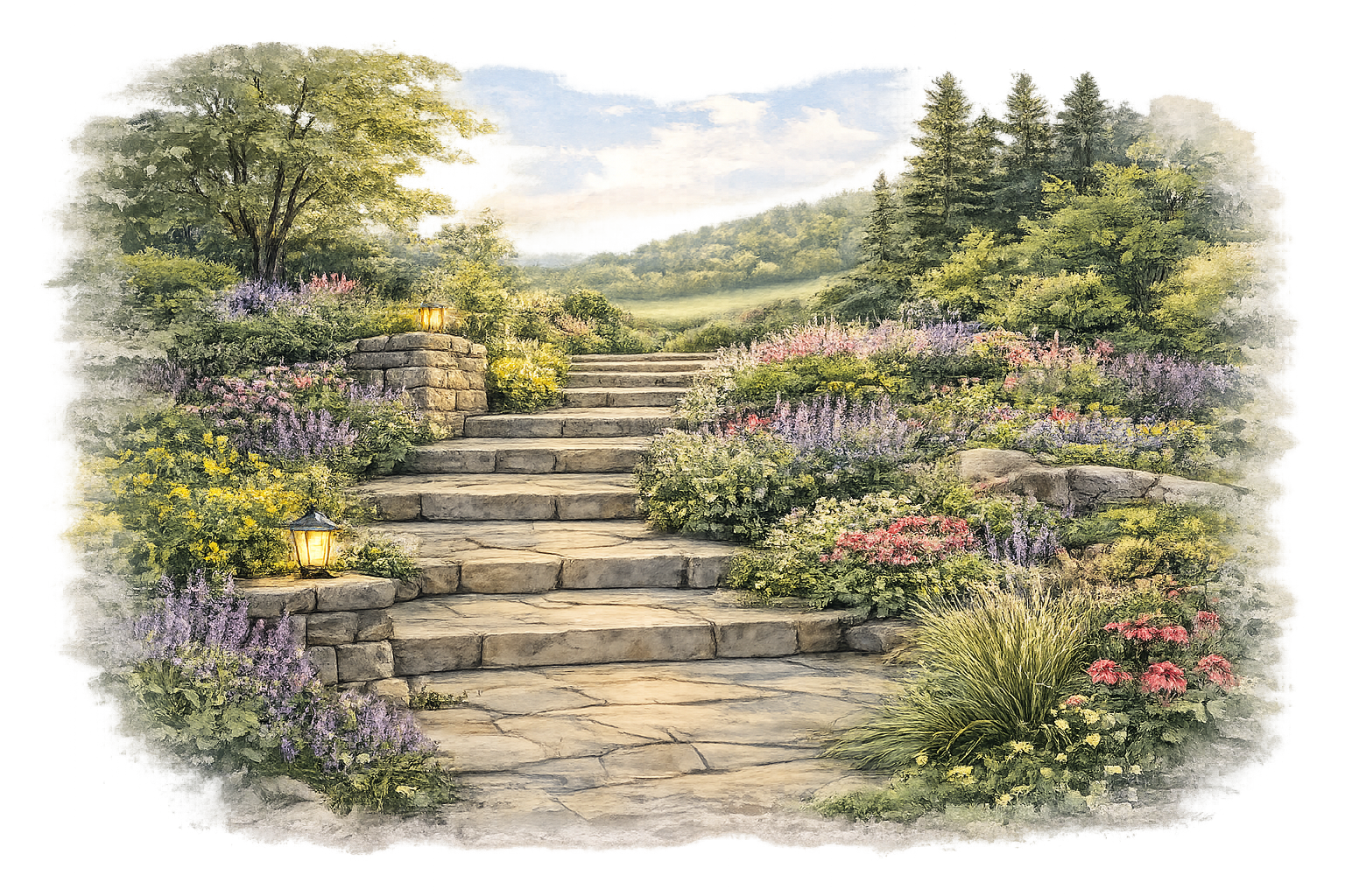 A digital painting of a stone staircase leading upwards through a lush garden with colorful blooming flowers and green trees, towards a scenic landscape with a cloudy sky and distant mountains.