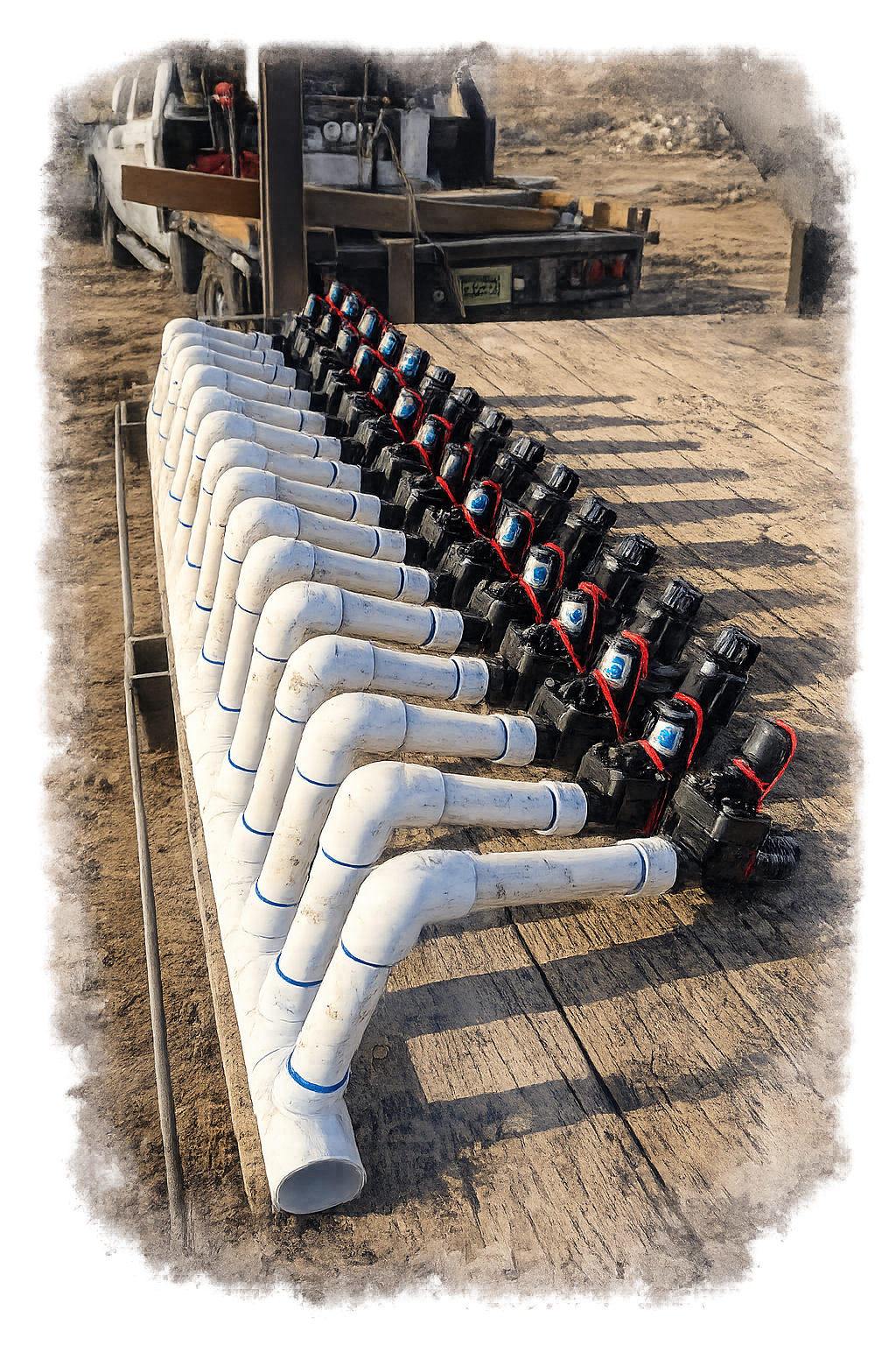 Pipeline fittings and valves arranged in rows on a construction site with a pickup truck in the background.
