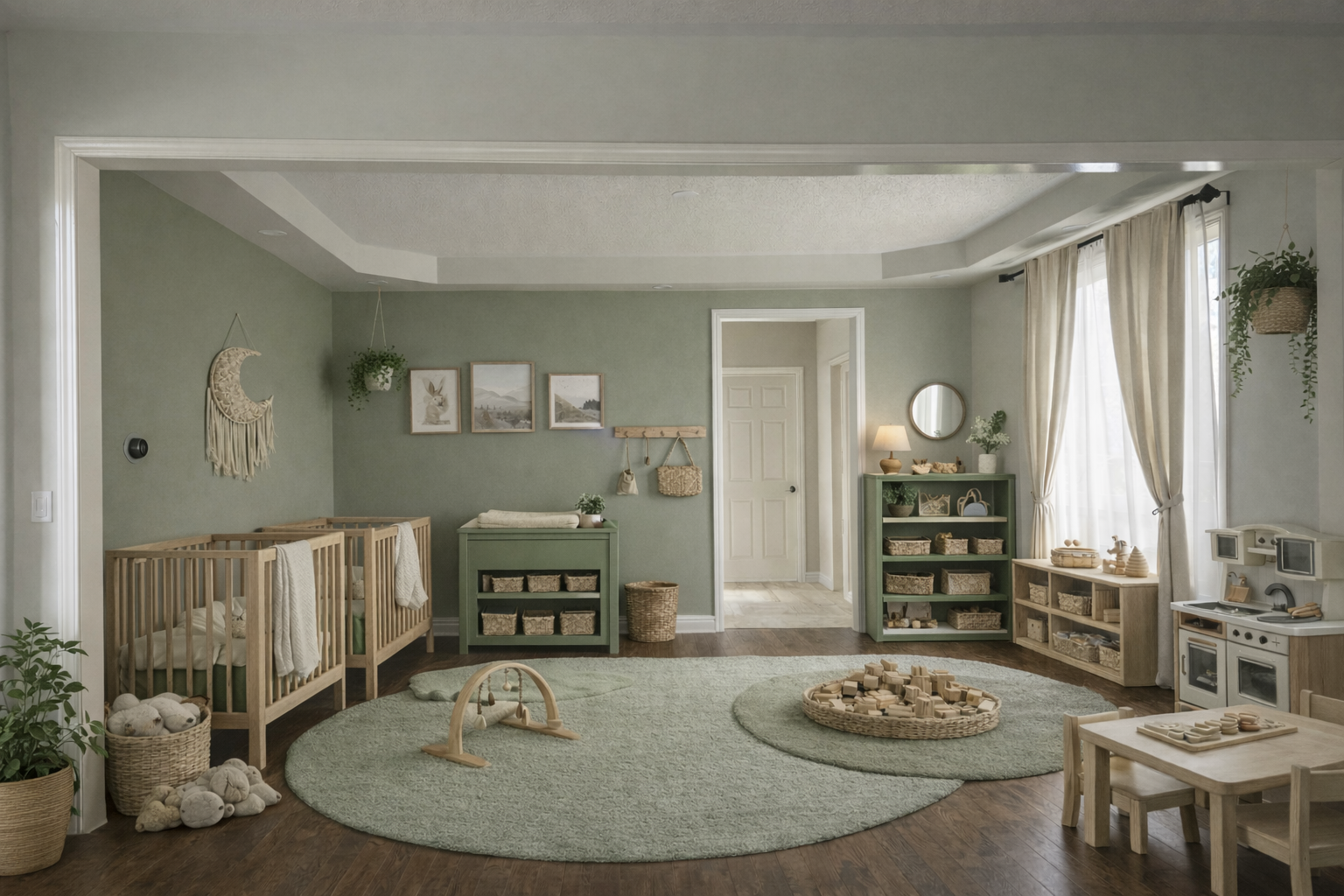 A cozy, well-organized nursery with a green and neutral color palette, featuring a crib, shelves with toys and baskets, a play area with a rug and wooden toys, and large windows with curtains letting in natural light.