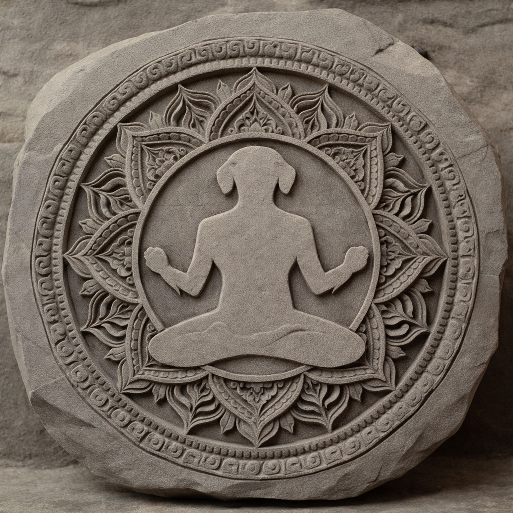 A ancient carved stone medallion featuring the meditating Dogma Lama figure surrounded by intricate floral and geometric patterns.