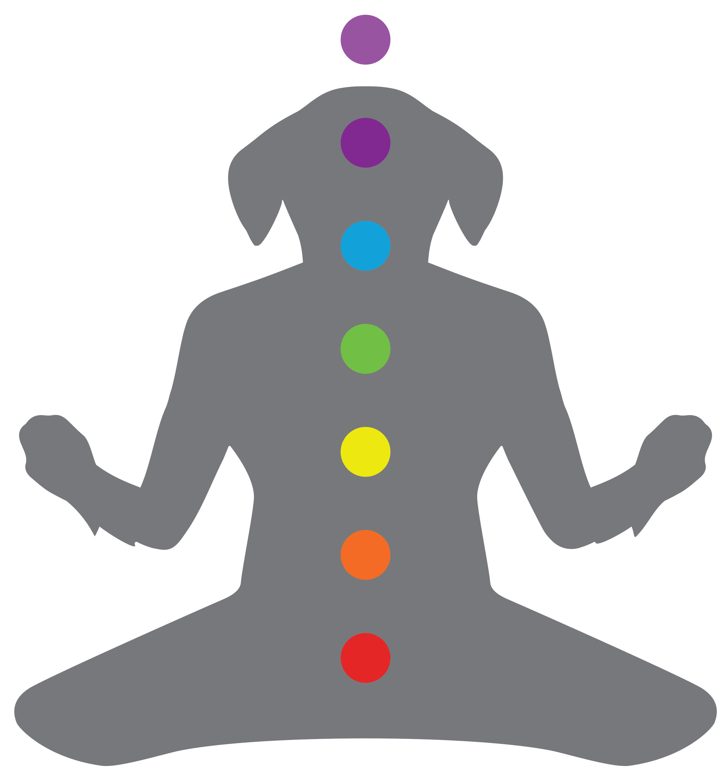 A silhouette of the Dogma Lama sitting in a lotus position with a gray body and a purple head, with seven colored circles along the midline representing different chakras.