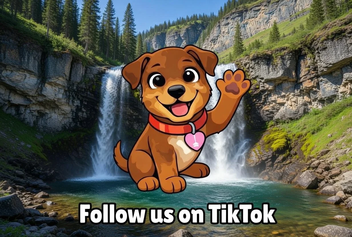 Cartoon puppy with a red collar and pink heart tag waving, set against a background of a waterfall and lush green mountains, with text 'Follow us on TikTok' at the bottom.