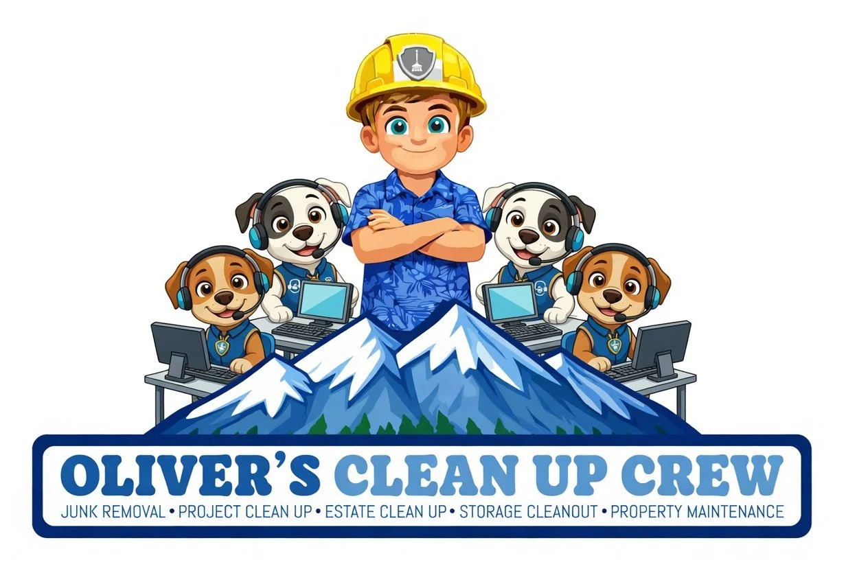Illustration of a boy wearing a yellow hard hat and blue shirt, surrounded by four dogs with headsets and laptops, standing behind a mountain with snowcaps. Text reads 'Oliver's Clean Up Crew' with services like junk removal, project and estate clean-up, storage cleanout, and property maintenance.