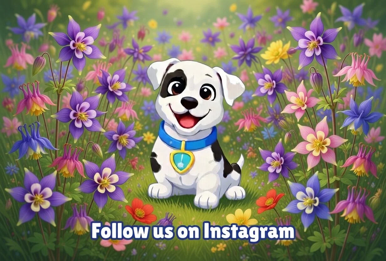 A cartoon puppy with a black and white coat, big brown eyes, and a friendly smile, sitting among colorful flowers including purple, pink, blue, yellow, and red ones, with a grassy background. Text at the bottom says "Follow us on Instagram."