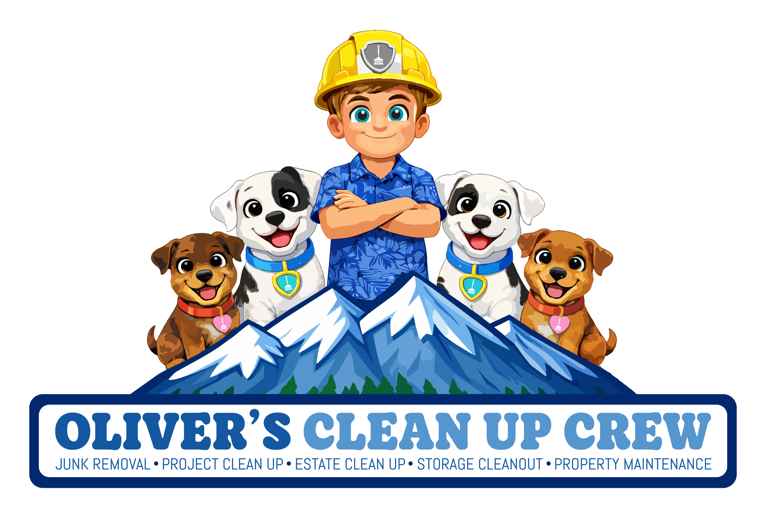 Logo for Oliver's Clean Up Crew featuring a boy in a yellow construction helmet, standing with his arms crossed, surrounded by four dogs, with a mountain background, and the company name and services listed below.