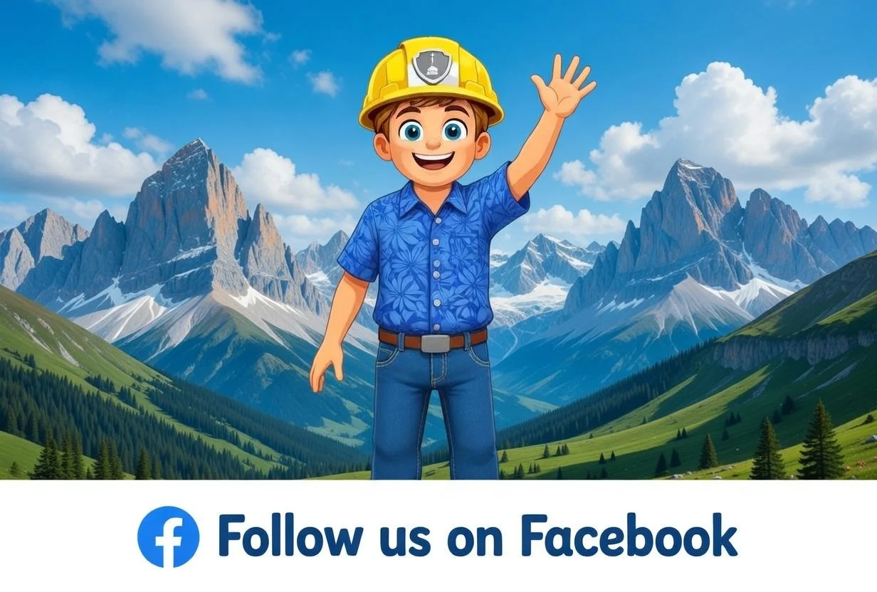A cartoon boy wearing a yellow construction helmet on a mountain landscape, with snow-capped peaks and green hills, waving and smiling, with a Facebook logo and the text "Follow us on Facebook" at the bottom.