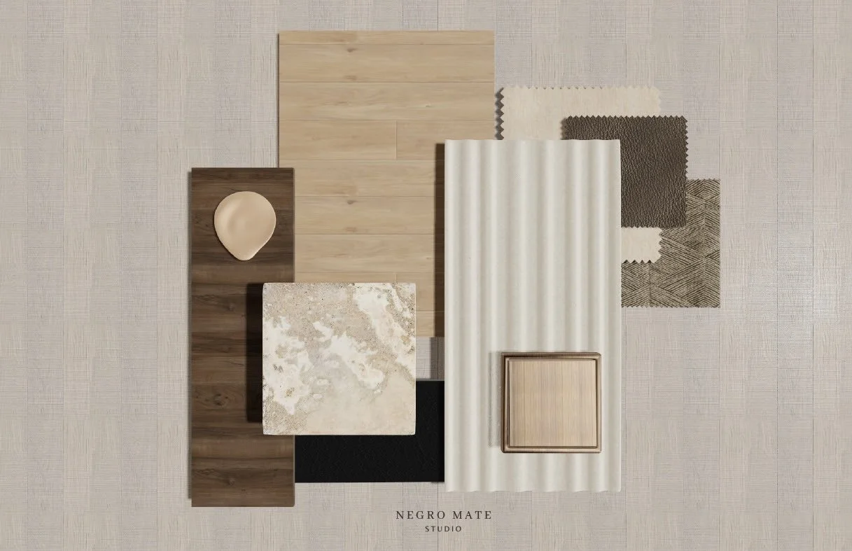 Muestras de materiales para diseño de interiores, incluyendo madera, piedra, tela y cerámica, en tonos neutros y texturas variadas.