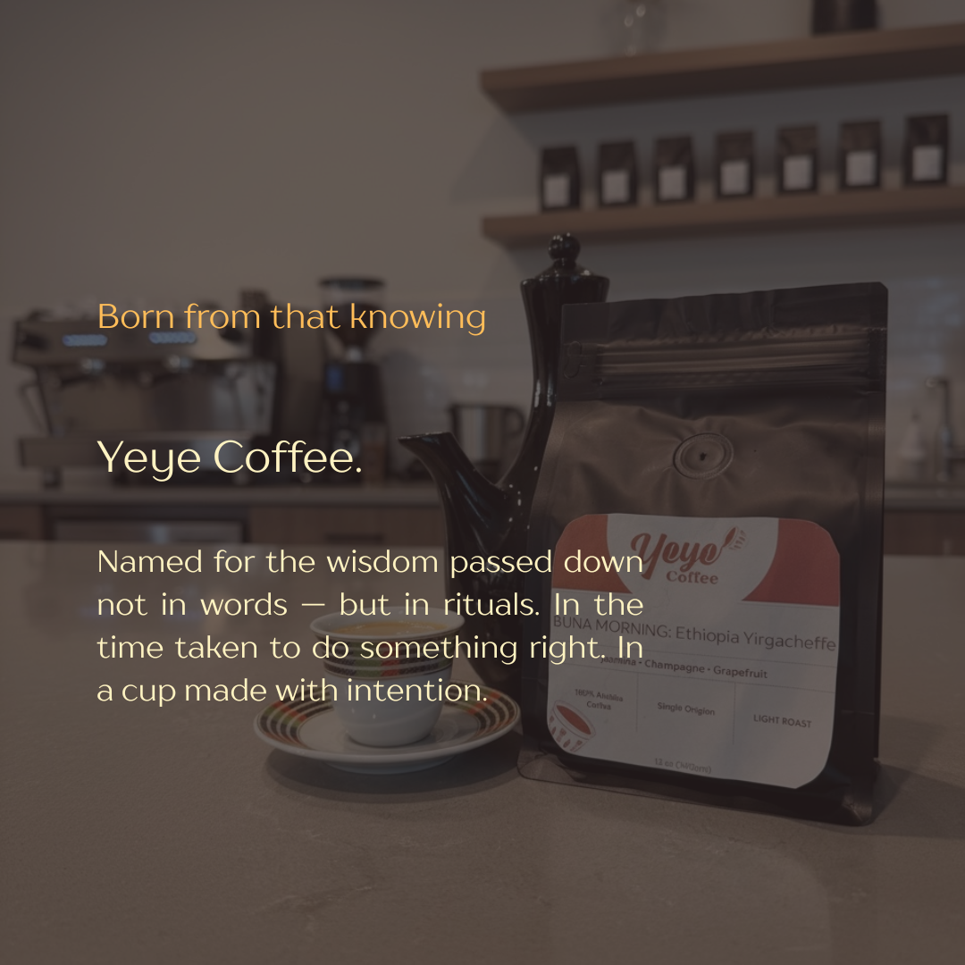 A bag of Yeyo Coffee placed on a counter next to a cup and saucer in a coffee shop, with a coffee machine and shelves in the background.