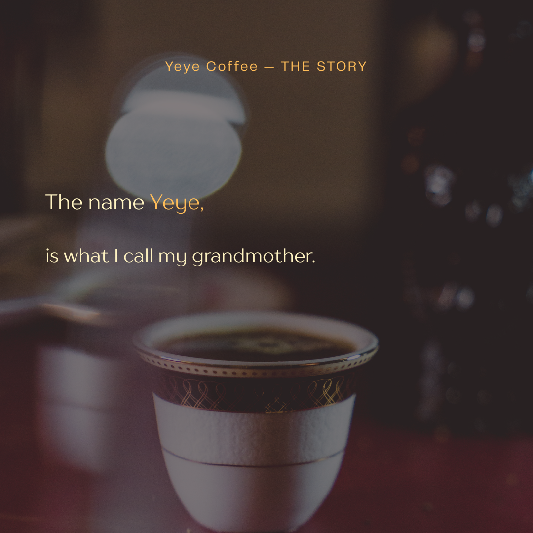 Close-up of a coffee cup with a blurred background and text overlay about Yeye Coffee and a grandmother.
