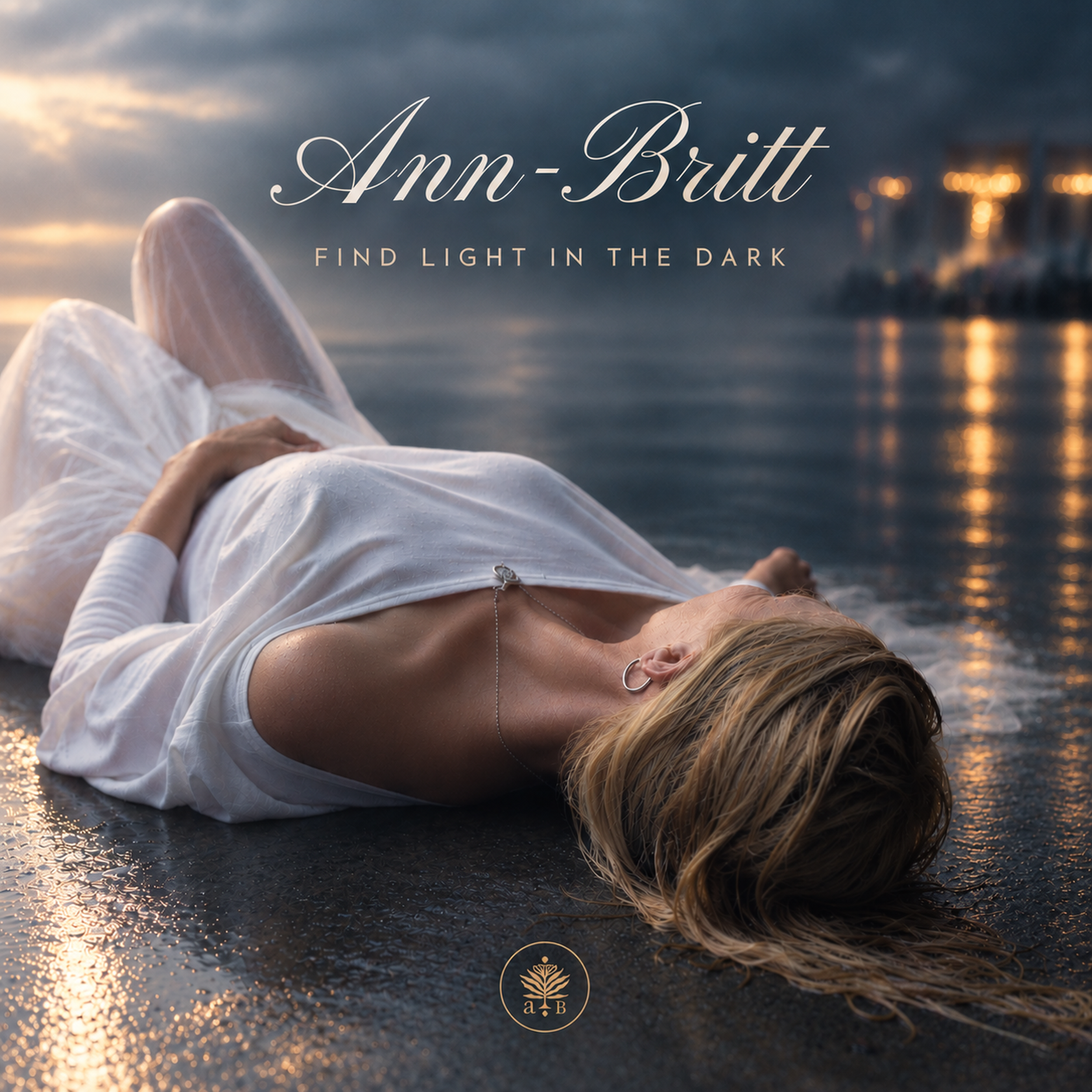 A person lying on a beach at sunset, dressed in a white dress with long sleeves, facing upward with long blonde hair, with a city skyline with illuminated buildings in the background, and text overlay that reads 'Ann-Britt' and 'Find Light in the Dark'.