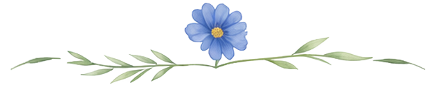 A decorative horizontal floral border with blue flower with a yellow center and green leaves.