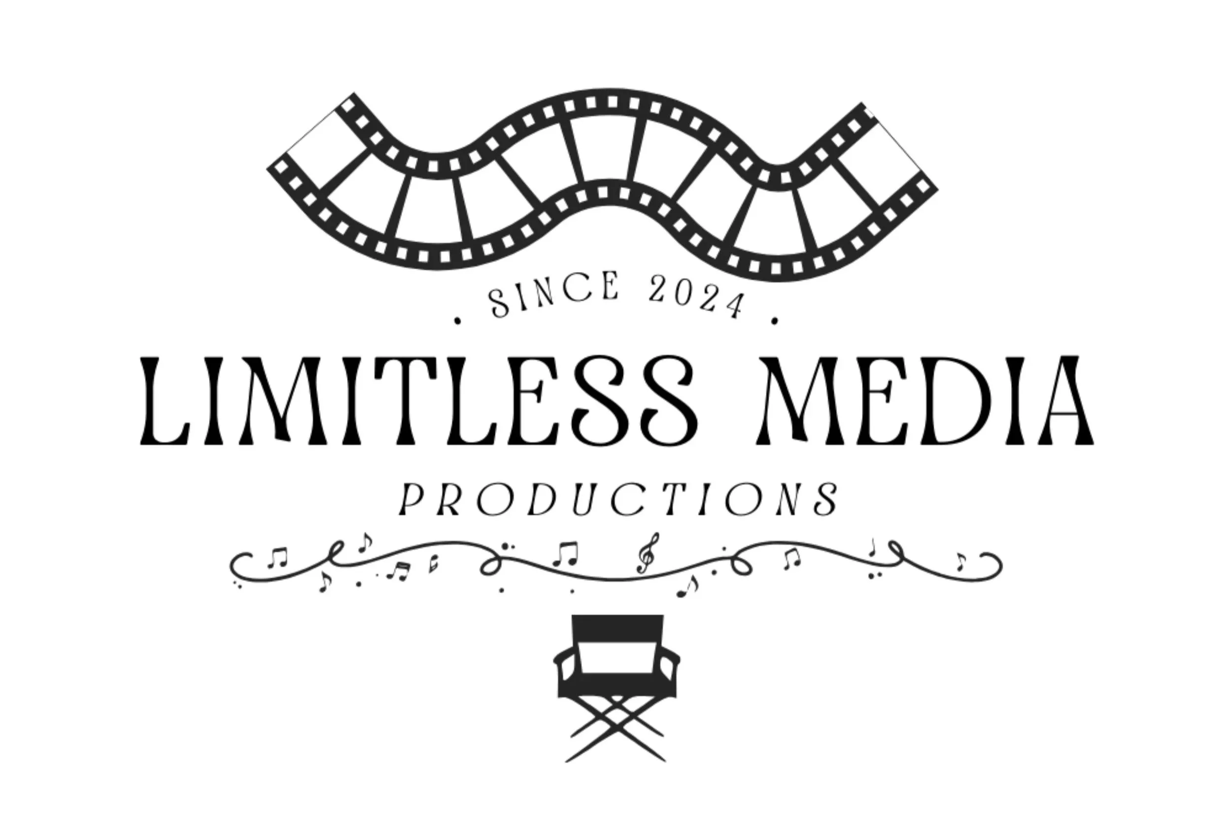 Logo for Limitless Media Productions featuring a stylized film reel, musical notes, and a Director's chair with the text 'Since 2024' and the company name.