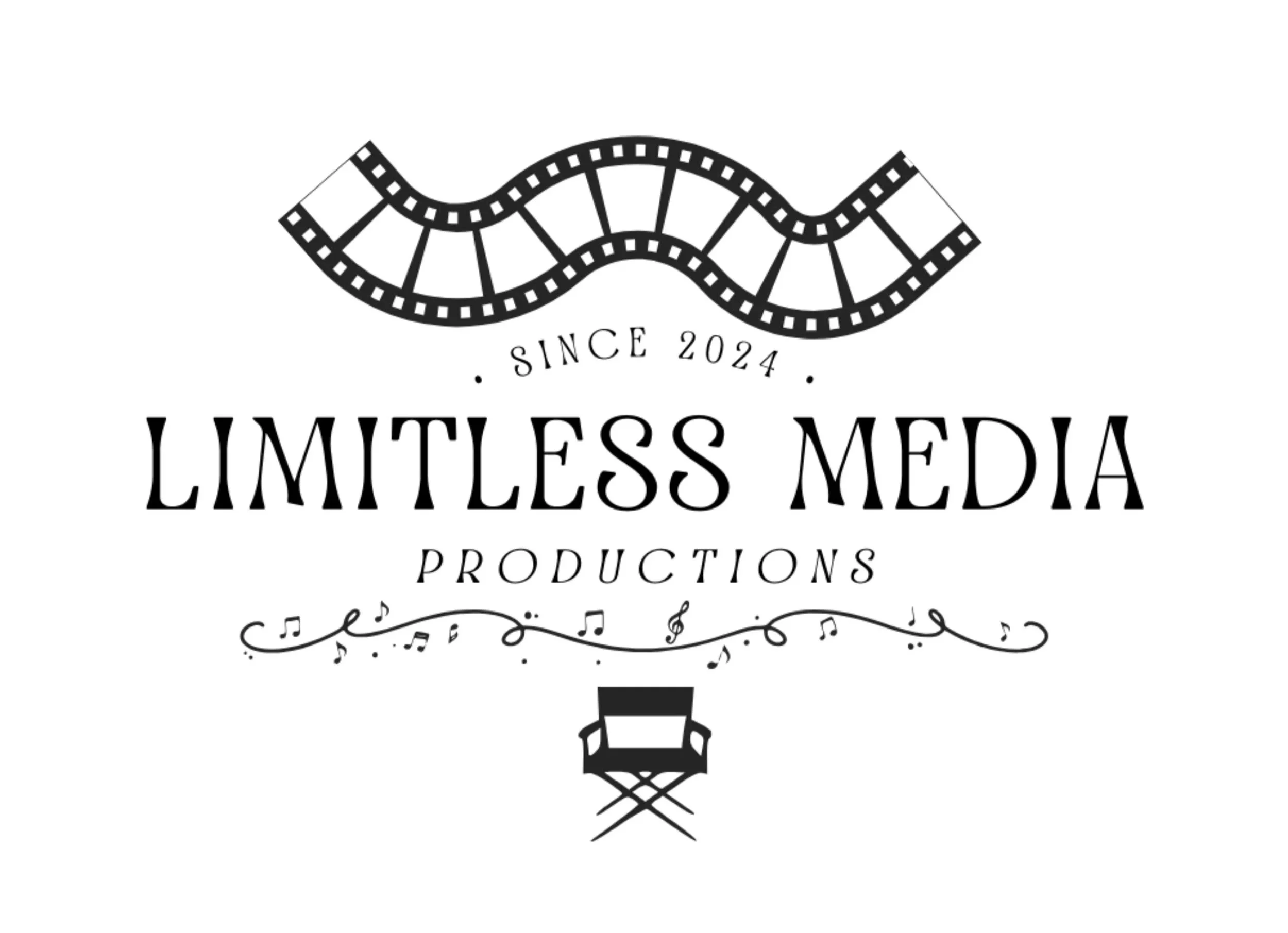 Black and white logo featuring a filmstrip ribbon intertwined with a banner that reads 'Since 2024' and the words 'Limitless Media Productions' underneath, with musical notes and decorative elements.
