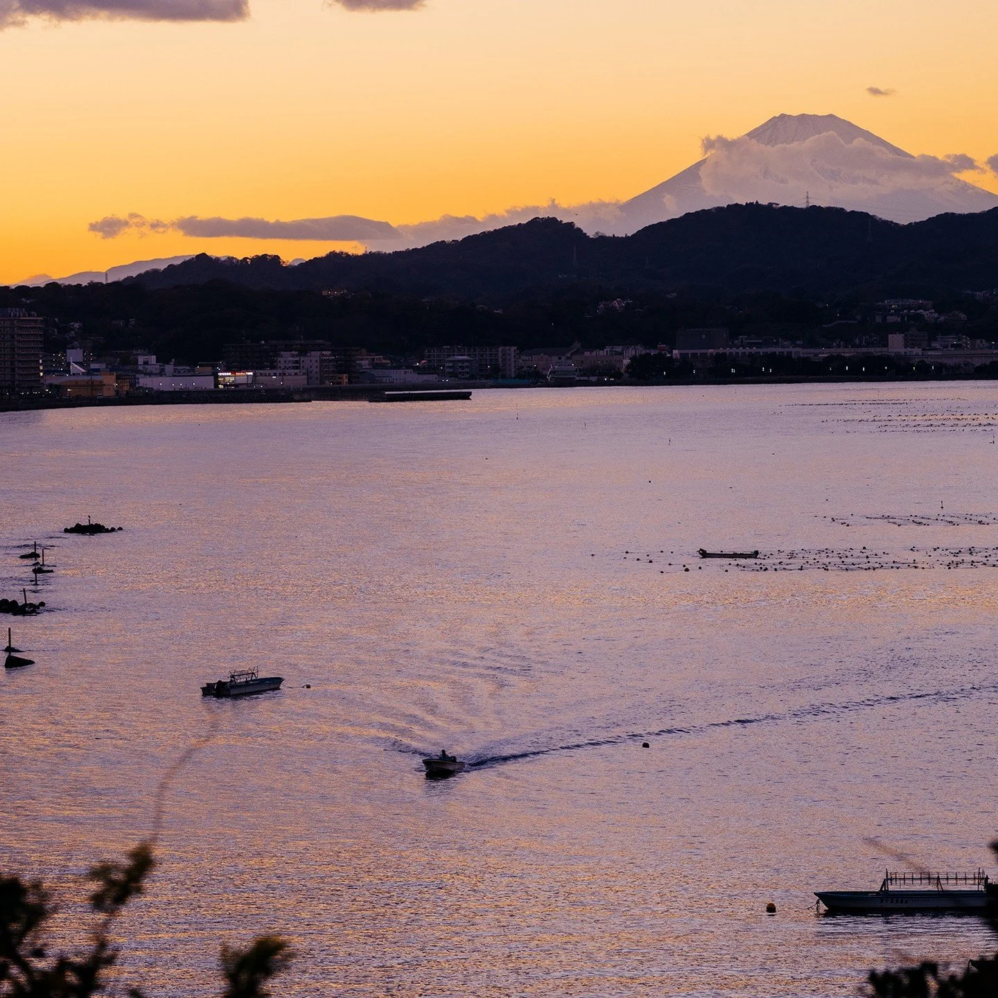 My afternoon walk at sunset... nice view of Mt Fuji... and a boat!