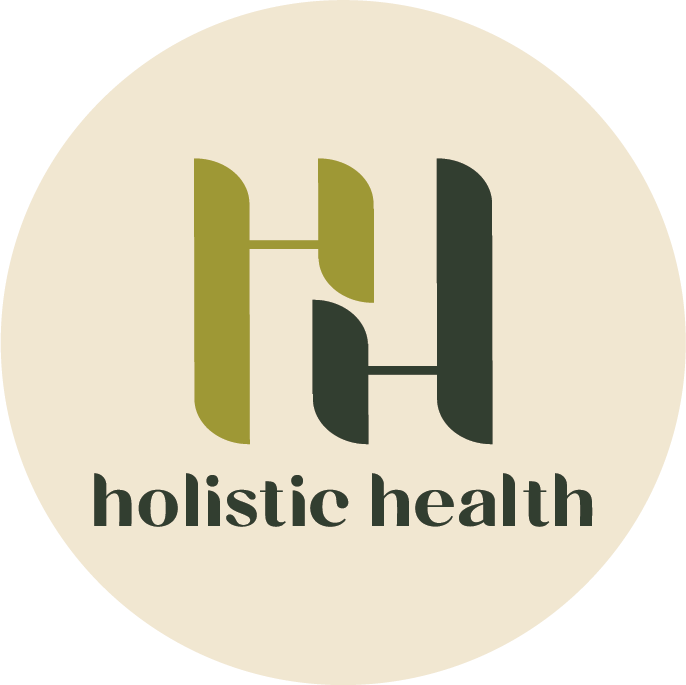 Holistic Health Logo featuring a stylized 'H' and 'H' with the text 'holistic health' below on a beige circular background.