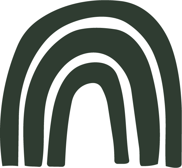 Illustration of a stylized, abstract rainbow with three dark green arcs on a black background.