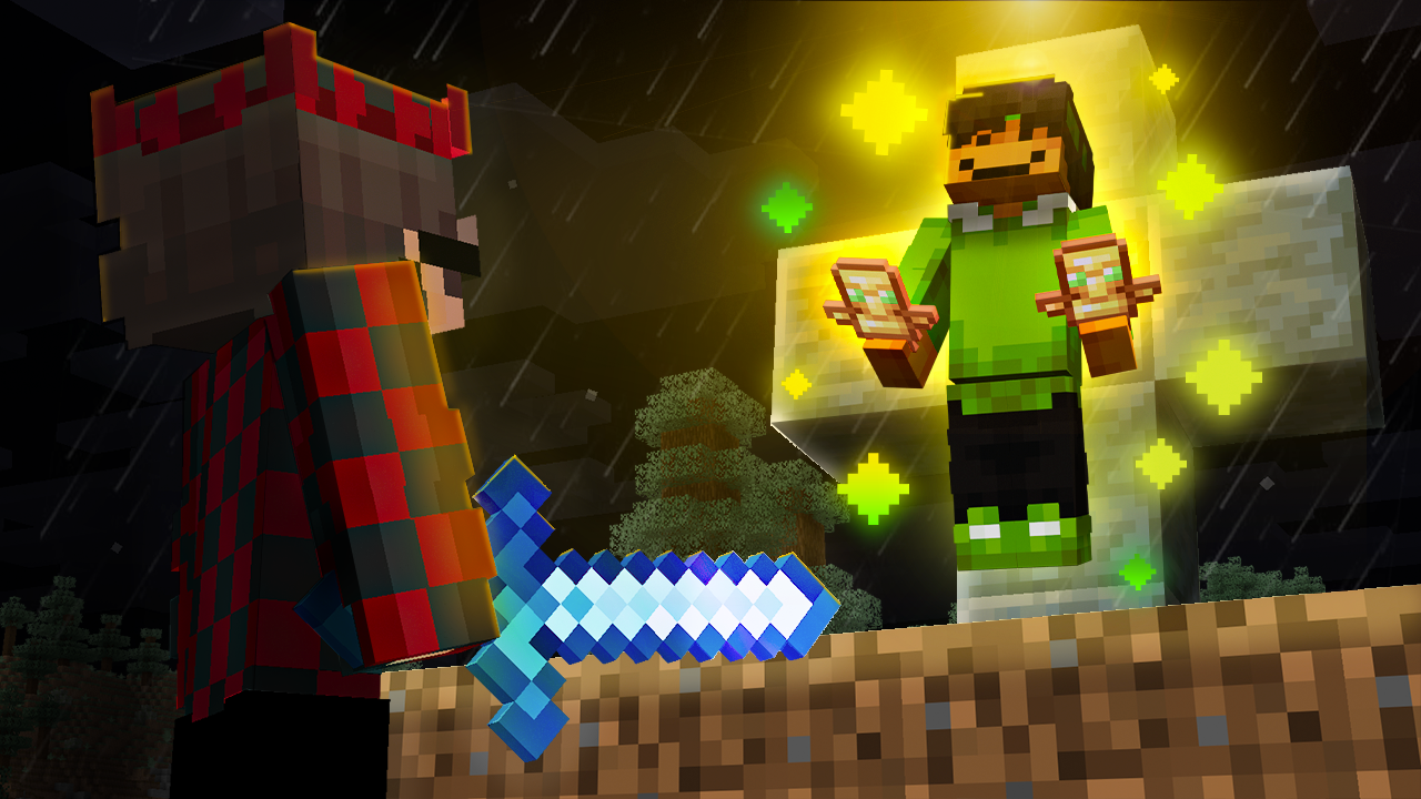 Minecraft scene showing two characters: one wielding a glowing blue sword, the other floating with items in hands, surrounded by glowing particles, with a dark rainy background and trees.