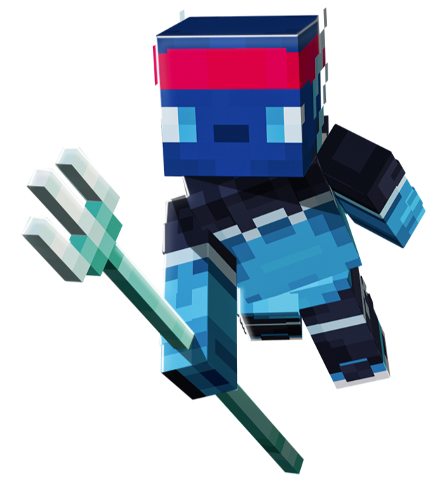 Minecraft character with a blue pixelated body holding a trident.