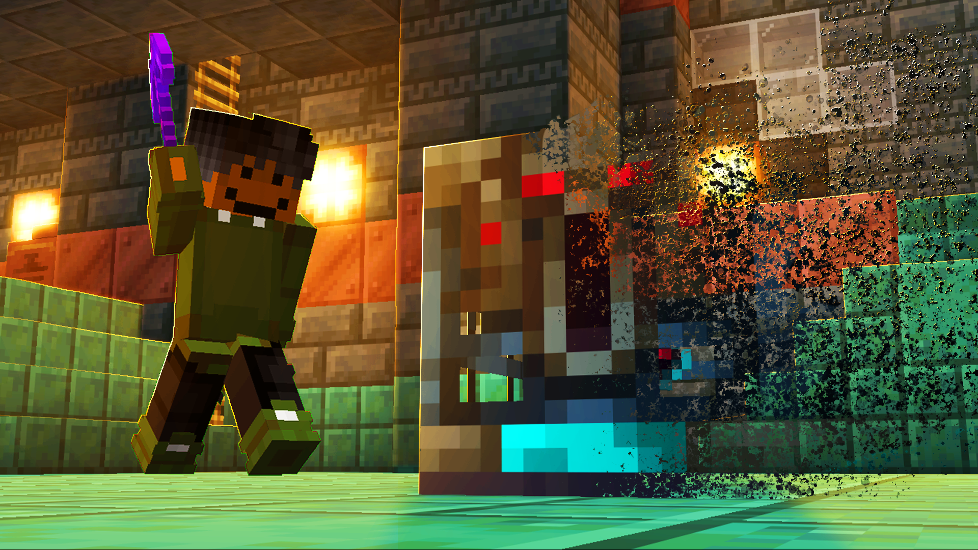 Minecraft-style character with dark skin and dark hair holding a purple sword, standing in front of a block creating an explosion with fire and debris.